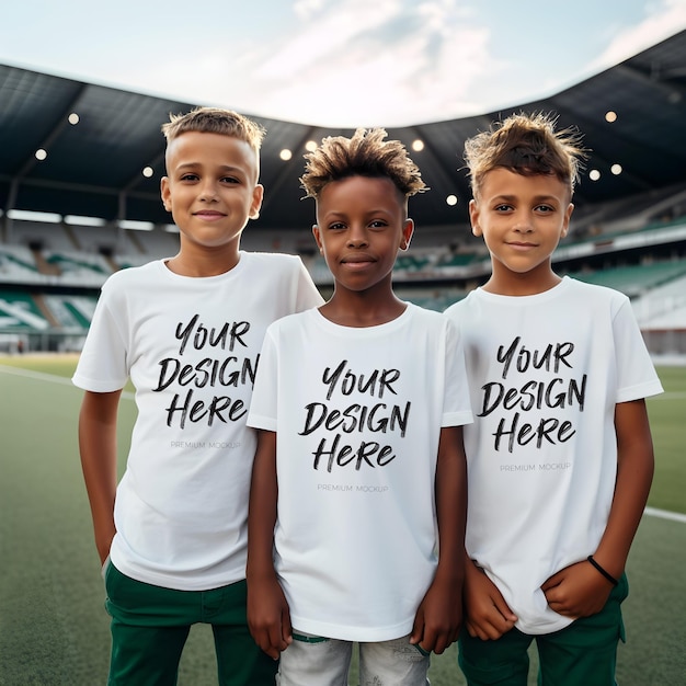 Wit T-shirtmodel met drie jongens in een Back to School-thema in het stadion