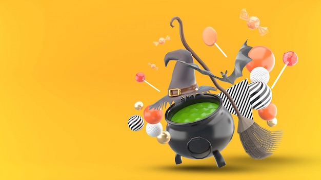 PSD the witch's pot is surrounded by witch hats, brooms, bats, balls, and candies on an orange
