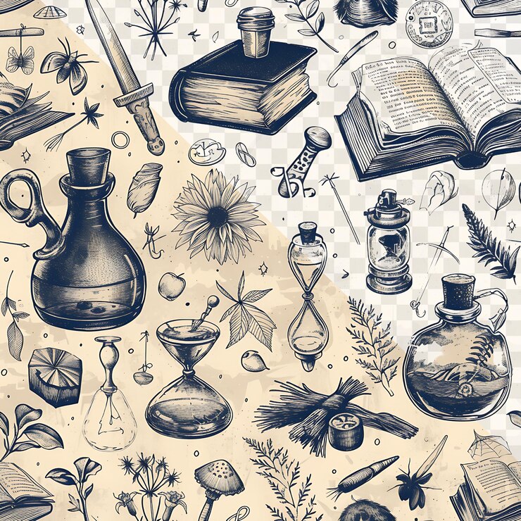 PSD witchcraft and mystery ink drawing of magical items