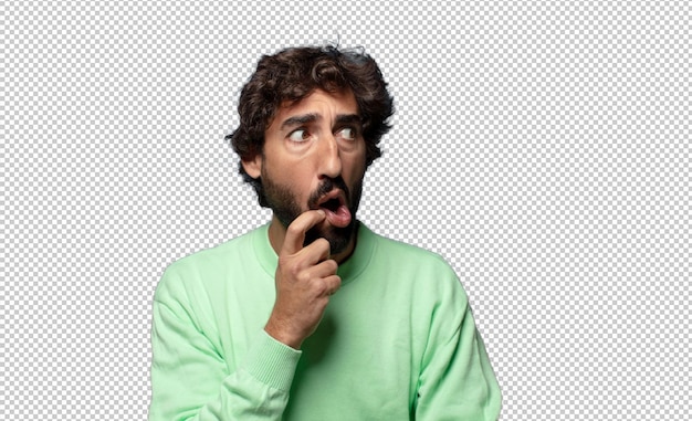 with surprised nervous worried or frightened look looking to the side towards copy space