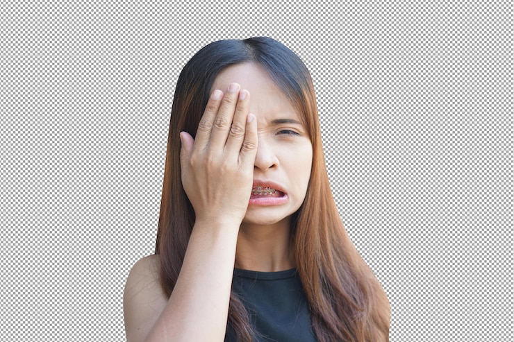 PSD 看到女人眼中的痛苦, 她凝视着屏幕和疲的世界.