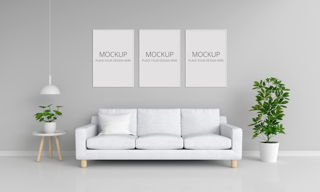 Witte bank in grijze woonkamer met frames mockup