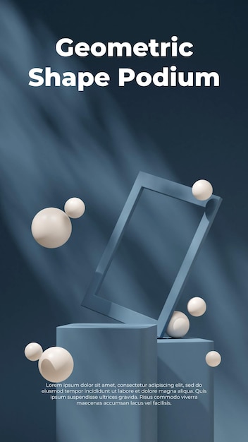 Witte bol en frame 3D-rendering sjabloon mockup van schaduw blauwe kleur podium in portret