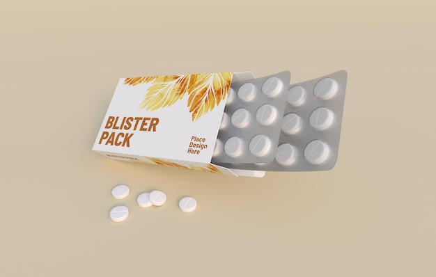 Witte cirkel pillen in verpakking met twee blisters in kartonnen doosverpakking Mockup sjabloon 3D-rendering