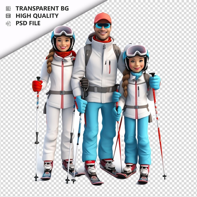 PSD witte familie skiën 3d cartoon stijl witte achtergrond iso