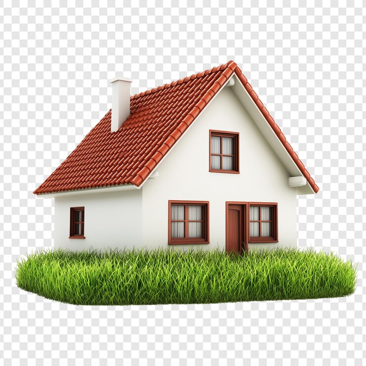 PSD witte huis met rood dak op gras