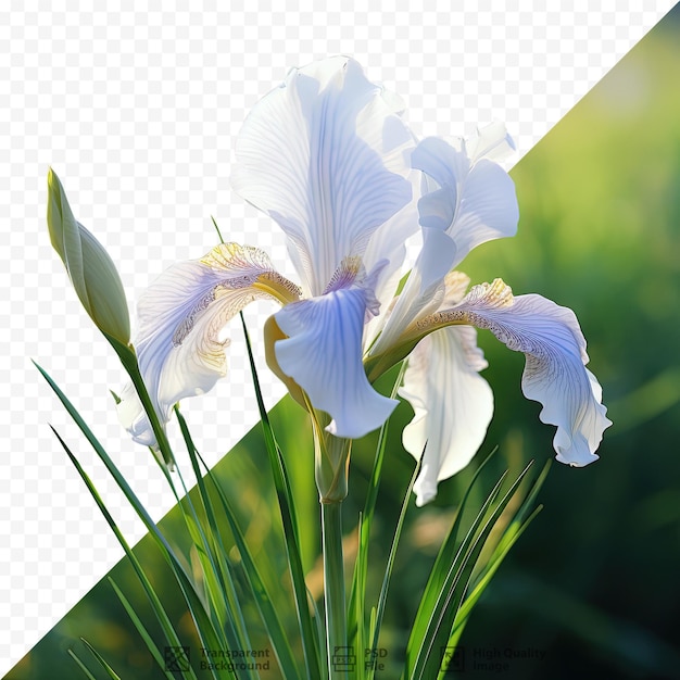 Witte irisbloemen bloeien in het voorjaar met een ondiepe diepte van het veld en een wazig doorzichtige achtergrond