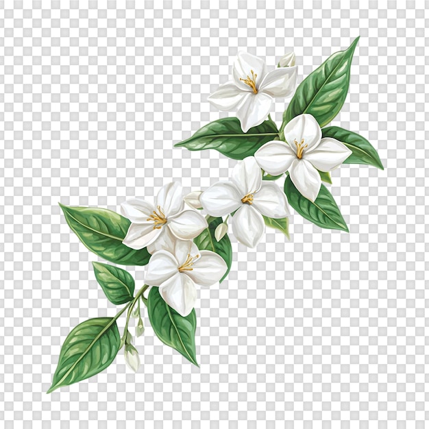 Witte jasmijnbloem met groen blad geïsoleerd op doorzichtige achtergrond