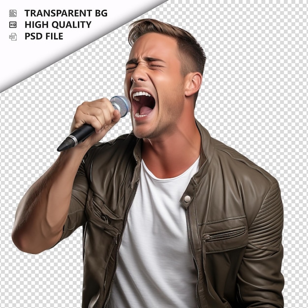 PSD witte man die zingt in ultra-realistische stijl met witte achtergrond