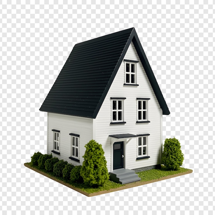 PSD witte miniatuurhuis met zwart dak en groen landschap