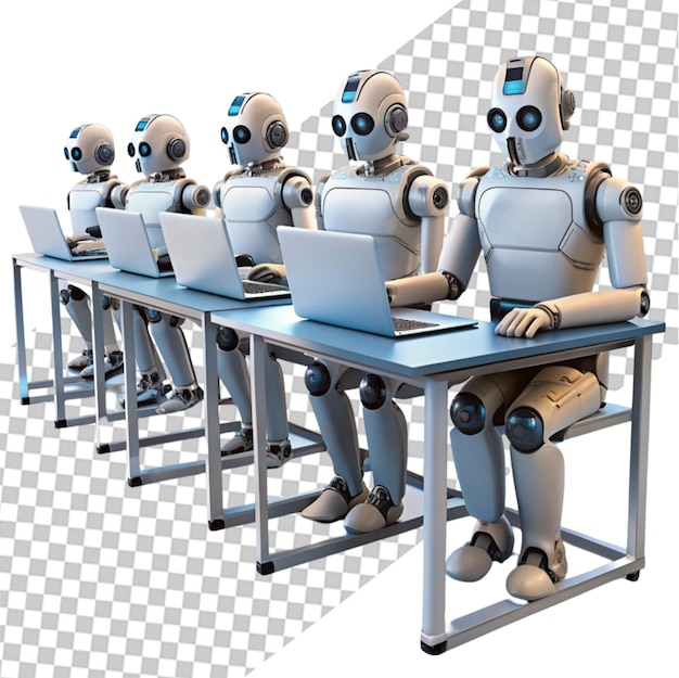 Witte robots met headset en computers geïsoleerd PNG