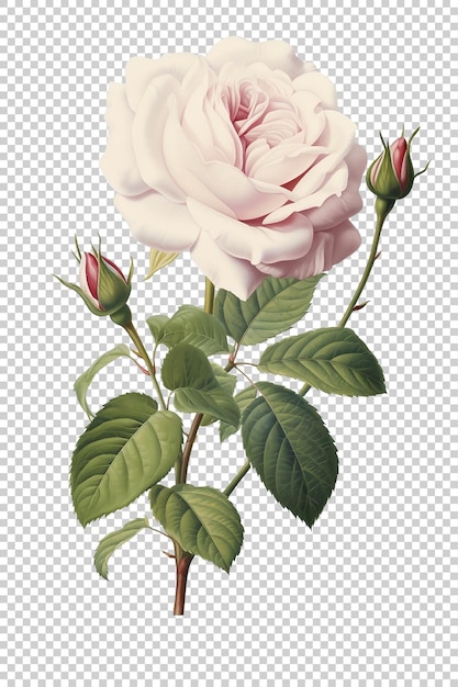 PSD witte roos vintage illustratie op een transparante achtergrond