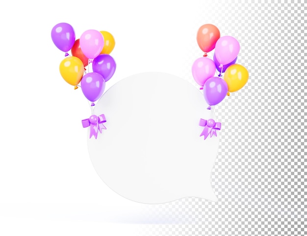 Witte spraakbel die vliegt op bundels kleurrijke ballonnen 3d-rendering chat-icoon voor gelukkige boodschap tekst dialoog blank ronde verjaardag banner frame voor feestelijke feestje vakantie verkoop