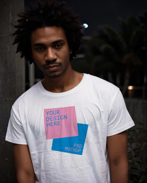 Witte t-shirt mockup Black Man Modeling T-shirt design merch showcase sjabloon streetwear branding