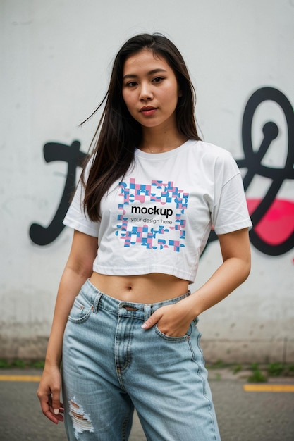 Witte t-shirt mockup meisje tee showcase sjabloon unisex esthetische branding mockup