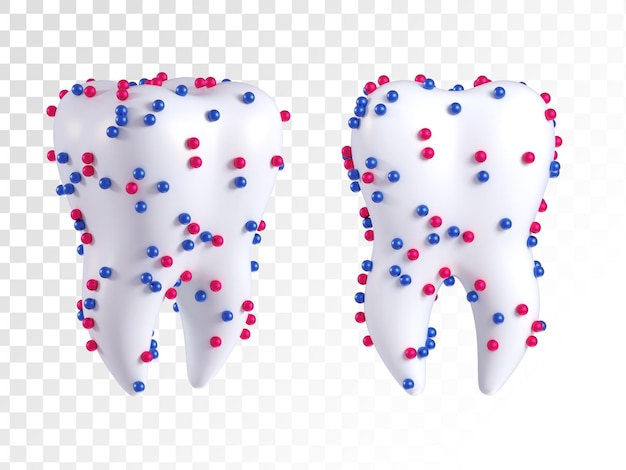 Witte tanden met deeltjes van blauwe en rode kleuren in verschillende hoekweergave 3d renderen