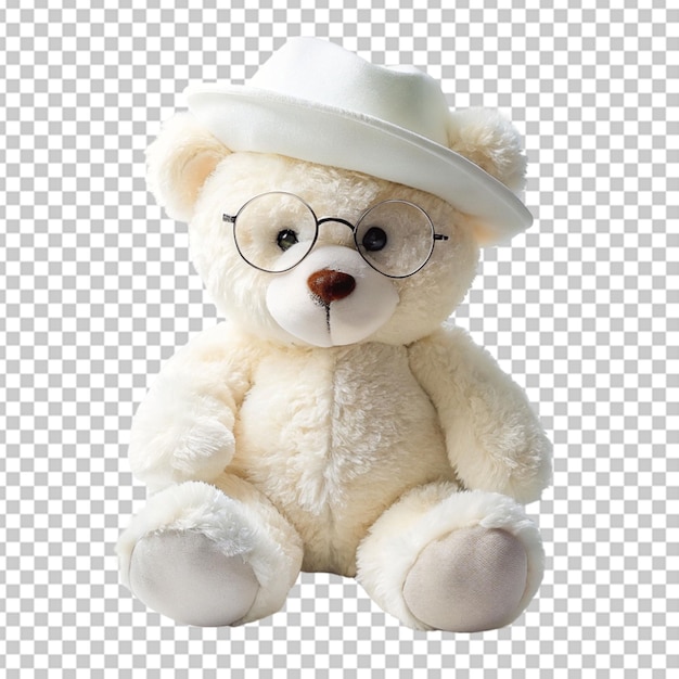 Witte teddybeer met hoed en bril op een doorzichtige achtergrond