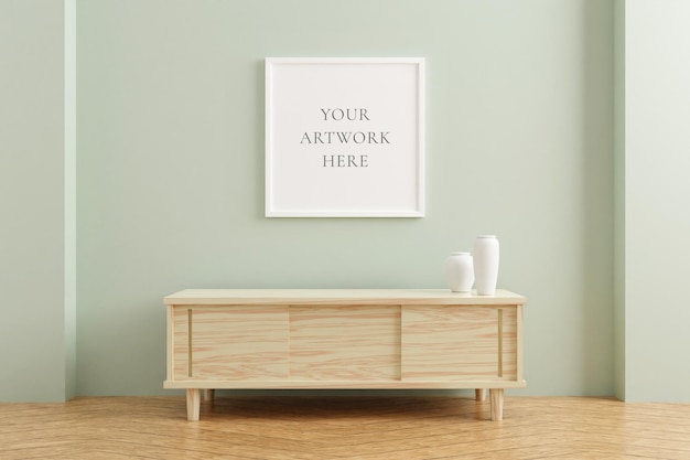 Witte vierkante poster frame mockup op houten tafel in woonkamer interieur op lege pastel kleur muur achtergrond. 3d-weergave.