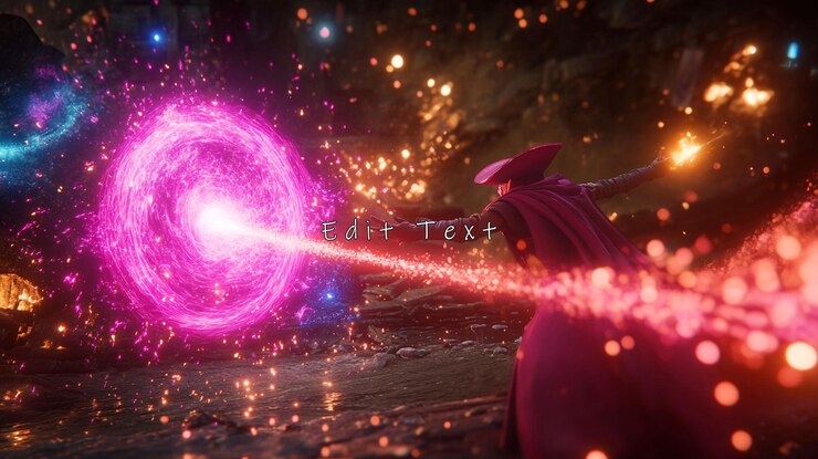 PSD wizard casting a powerful pink magic spell in a dark cave