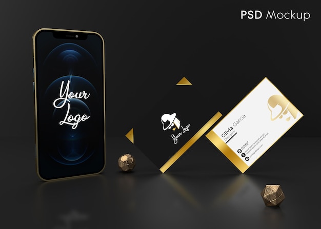 PSD wizytówka w złotych kolorach umieszczona razem ze złotą ramką telefonu gotowa do makiety