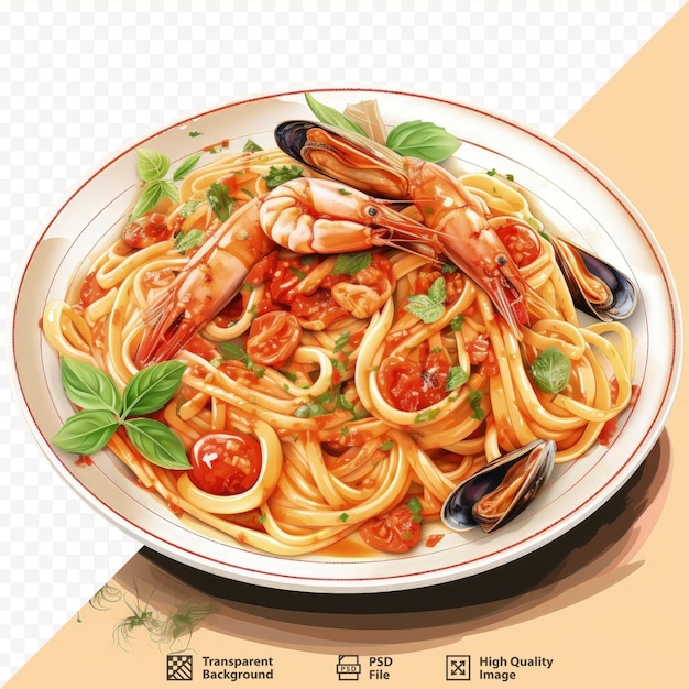 PSD włoska pozycja menu restauracji smaczne makarony z ostrygami i krewetkami gourmet lunch na przezroczystym tle