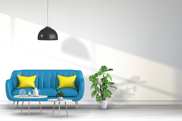 Wnętrze salonu z sofą w renderowaniu 3d