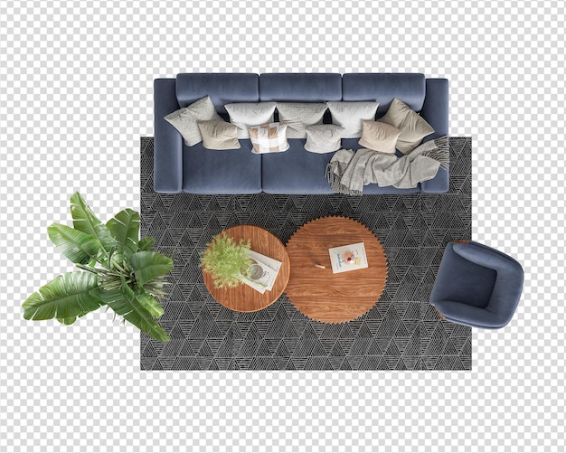 PSD wnętrze z kanapą i rośliną w renderingu 3d.