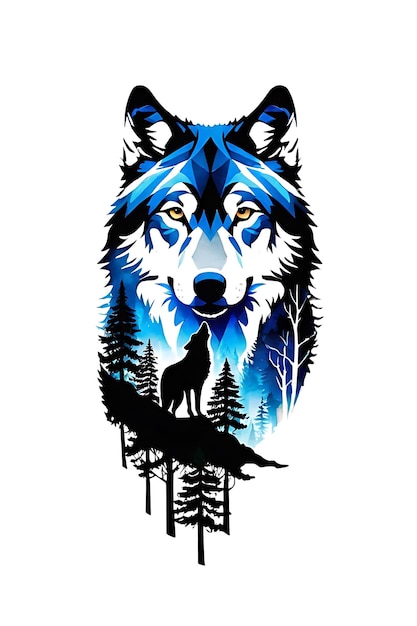 PSD wolf face and silhouette tattoo design