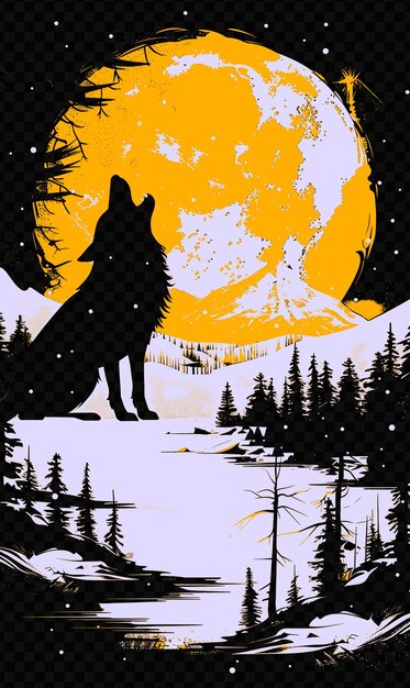 PSD a wolf howling at a full moon with a mountain in the background