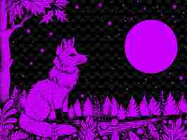 PSD a wolf is sitting in a forest under a full moon