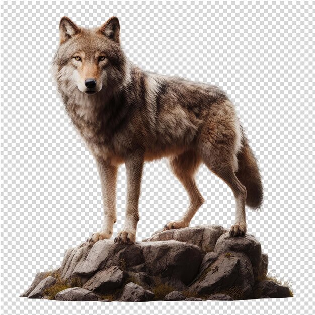 PSD a wolf is standing on a rock with an image of a wolf on it