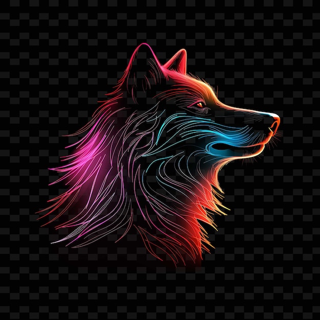 PSD wolf moonlit night curved neon lines howling moon fur patter png y2k shapes transparent light arts