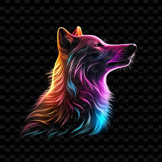 PSD wolf moonlit night curved neon lines howling moon fur patter png y2k shapes transparent light arts