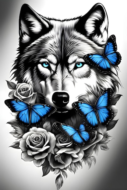 PSD wolf roses and butterflies tattoo design realistic style