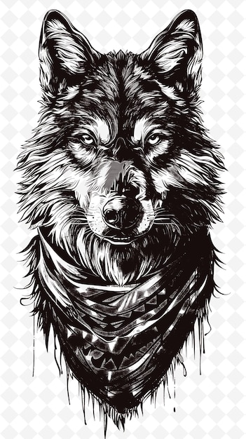 PSD wolf wearing a bandana with wild expression portrait poster animals sketch art vector collections
