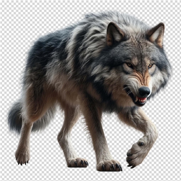 A wolf with a black nose is shown on a transparent background