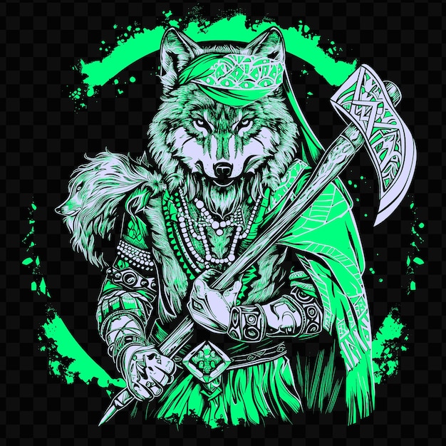 PSD a wolf with a sword and a green background with a wolf holding a sword