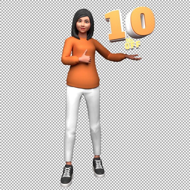 Woman 3d illustration character with 10 percent off