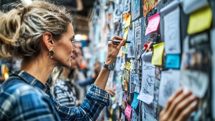 PSD woman adding sticky notes to a wall of ideas