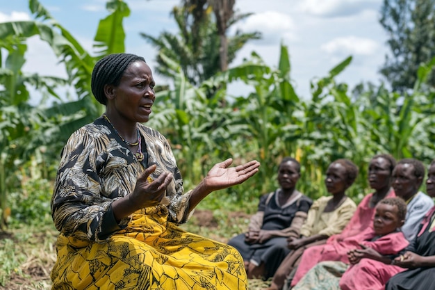Woman addresses group of people in a rural African field