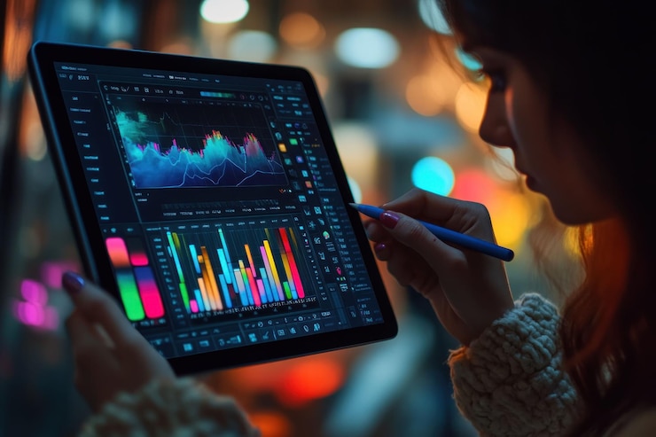 PSD woman analyzing data charts on tablet at night 1