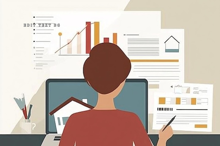 PSD woman analyzing real estate market data on laptop