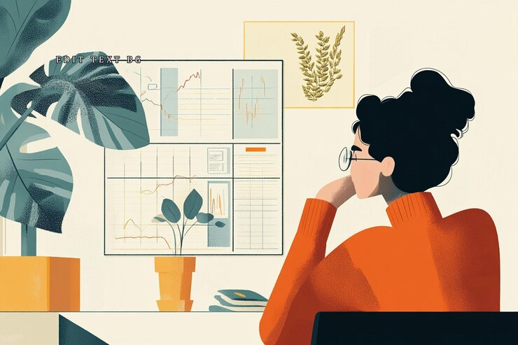 PSD woman analyzing stock market data on a large screen