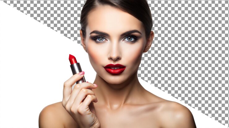 Woman applying lipstick smiling with confidence