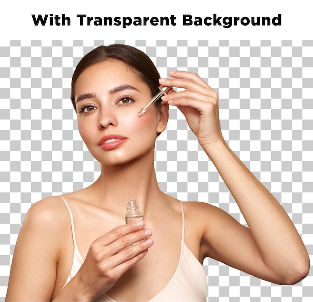 Woman applying serum on her face with transparent background