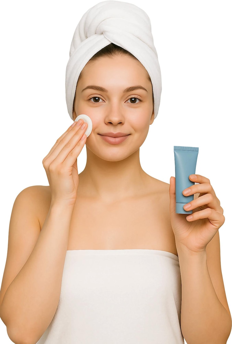 PSD woman applying skincare with cotton pad and holding a tube