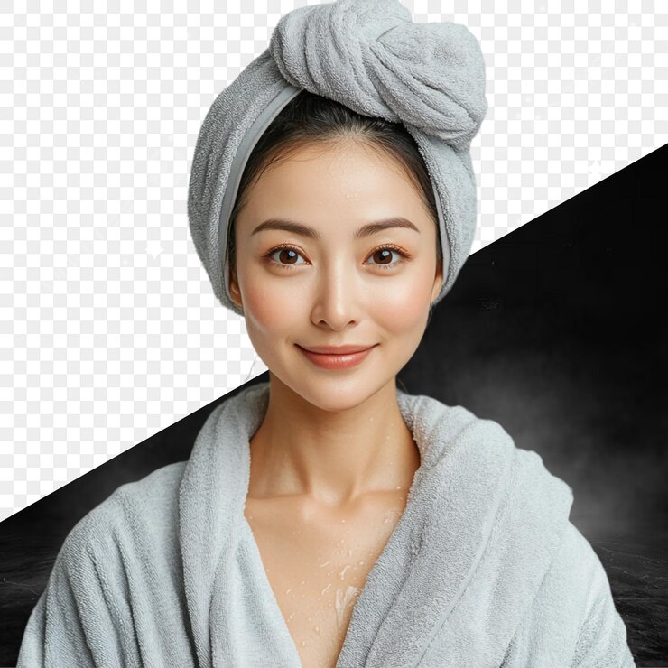 PSD 一個身著浴袍,頭上戴著頭巾的女人
