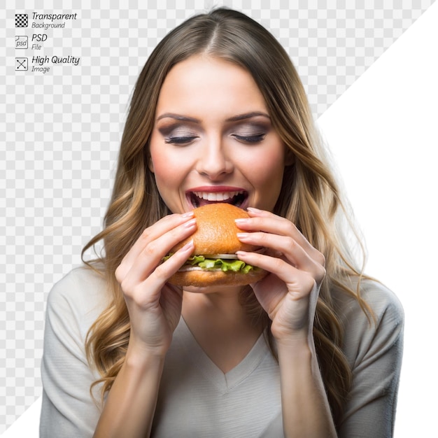 PSD a woman bites into a burger with a joyful expression