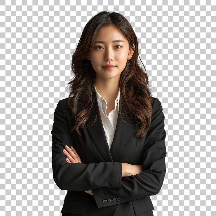 PSD 검은색 비즈니스 슈트 를 입은 여자 가 팔 을 고 서 있다