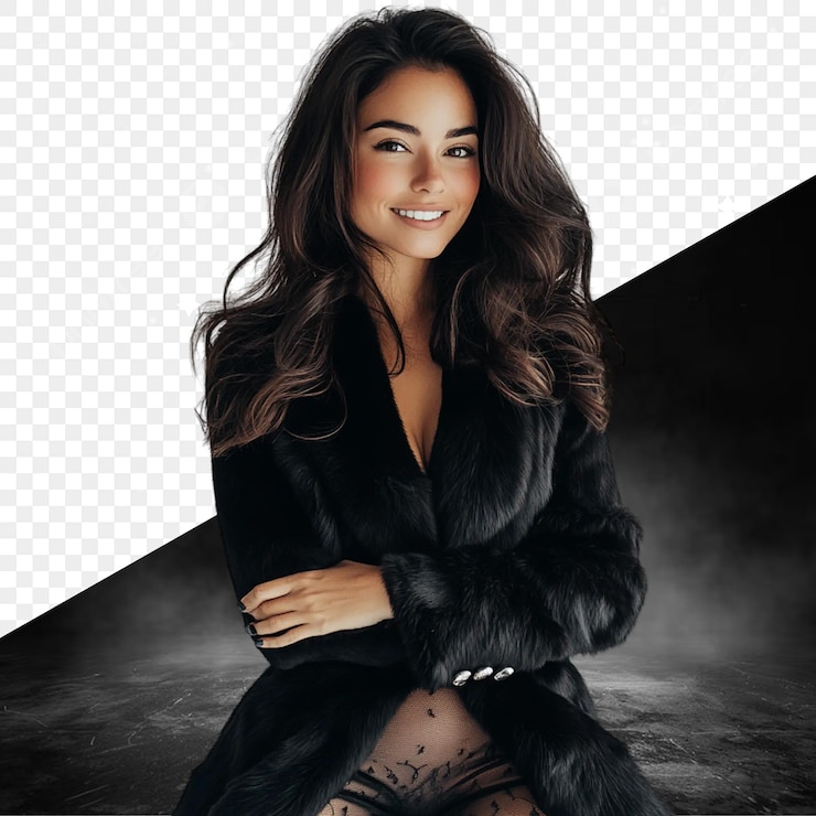 PSD a woman in a black coat sits in front of a cross stitched image